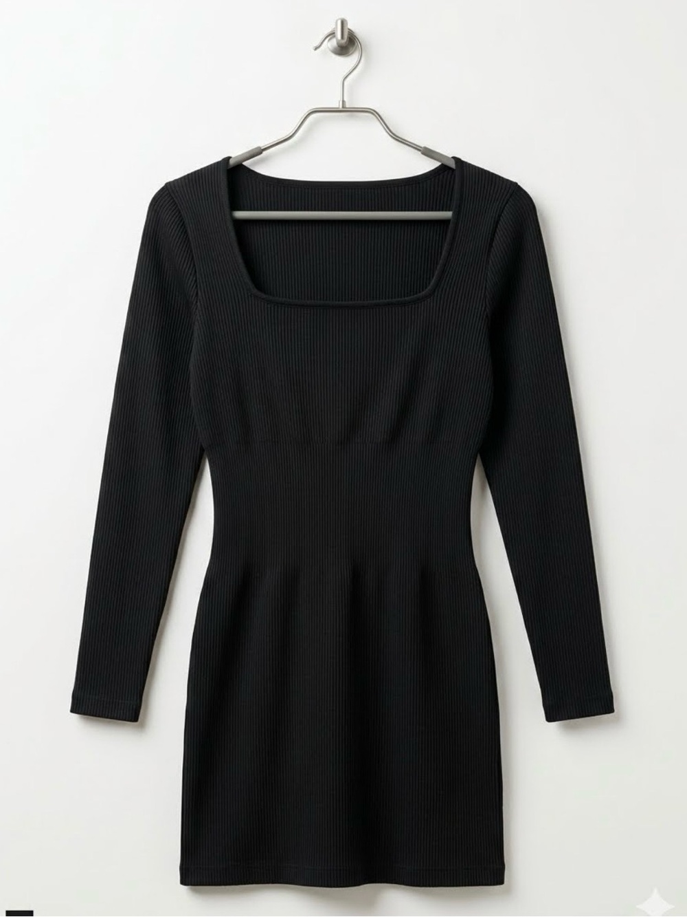 Square-Neck Ribbed Long-Sleeve Mini Dress - Black - form fitting - size large